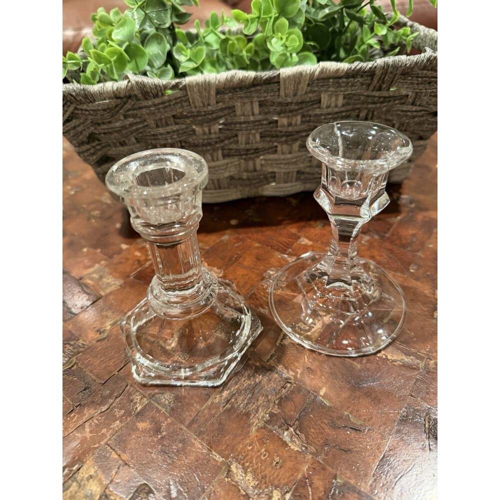 Lead Crystal Glass Candlestick Holders 4” Set of 2
